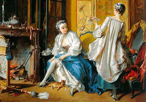 На картине «Дама за туалетом» Франсуа Буше, французского художника XVIII века, у ног женщины можно увидеть небрежно брошенный предмет, похожий на веер На самом деле это экран для защиты лица от