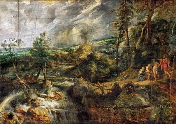 Питер Пауль Рубенс, Пейзаж в штормовую погоду, ок. 1625 г. Рубенс выбирает для своего полотна Пейзаж в штормовую погоду сюжет мифа о Филемоне и Бавкиде, полный эмоций и переживаний, которые
