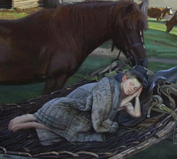 Андрей Подшивалов,, Сон, 1м- 2,5м холст, масло. Все символично в полотне,, Сон Андрея Подшивалова. Лошадь, стоящая около ребёнка и охраняющая его сон. Молодая, красивая, здоровая лошадь. Она