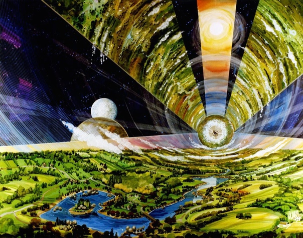 Серия иллюстраций космических колоний для НАСА. В 1970-е годы НАСА организовало несколько летних школ, участники которых работали над созданием концепций будущих космических колоний. На
