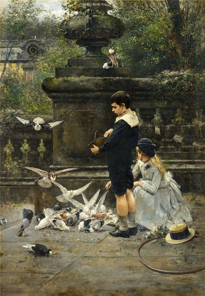 Картина «Дети кормят голубей в парке» Художник: Эжен Жур (1850-1910)