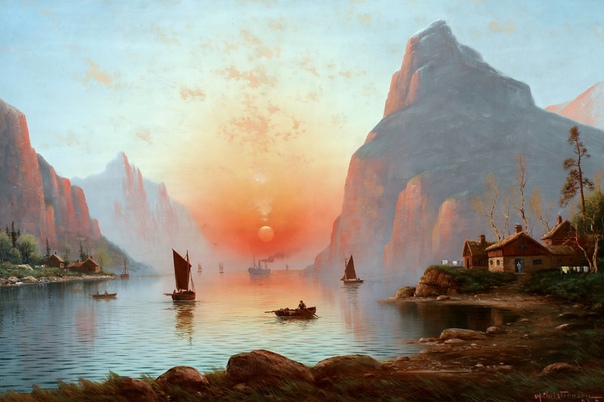 Картина «Норвежский фьорд в сумерках» художник Нильс Ганс Кристиансен, 1894 год.