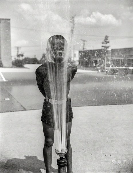 Игра с общественным водным распылителем в районе Анакостия (проект жилищного строительства Фредерика Дугласа). Вашингтон, округ Колумбия. Июнь 1942 года.