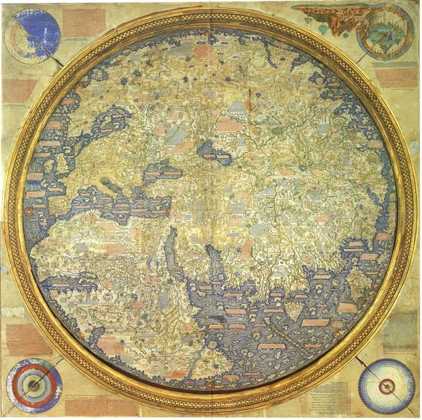 Средневековая европейская карта, созданная венецианским монахом Фра Мауро, 1450 г. Эта круглая карта мира нарисована на пергаменте и помещена в деревянную раму диаметром около двух