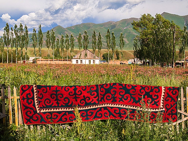 Витиеватые геометричные узоры традиционных киргизских ковров символичны Так, в очертаниях одного из узоров скрыт перепел, свивший гнездо на голове горного барана. Символ обозначает пожелание