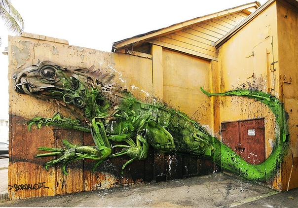 Потрясающие граффити-коллажи из мусора Португальский художник Артур Бордало (Artur Bordalo) украшает улицы родного Лиссабона инсталляциями из городского хлама. Таким образом Артур призывает