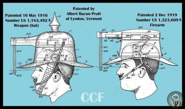 Стреляющий шлем Альберта Прэтта, смертельно опасный для самого стрелка Несмотря на то, что данное оружие похоже на шутку, однако в базе данных патентов США - стреляющий шлем запатентован 16 мая